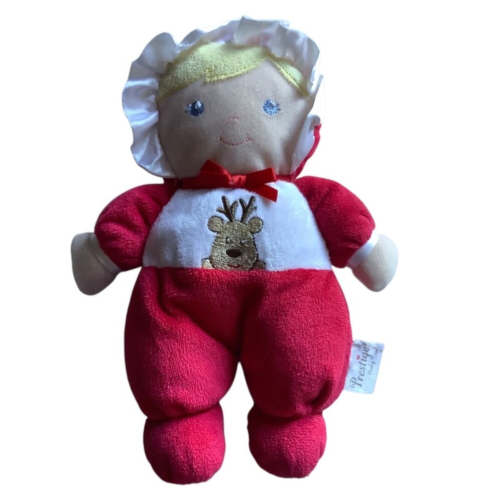 Vtg Prestige 1st‎ Baby Plush Doll Christmas Reindeer Embroidery Outfit 8" Blonde